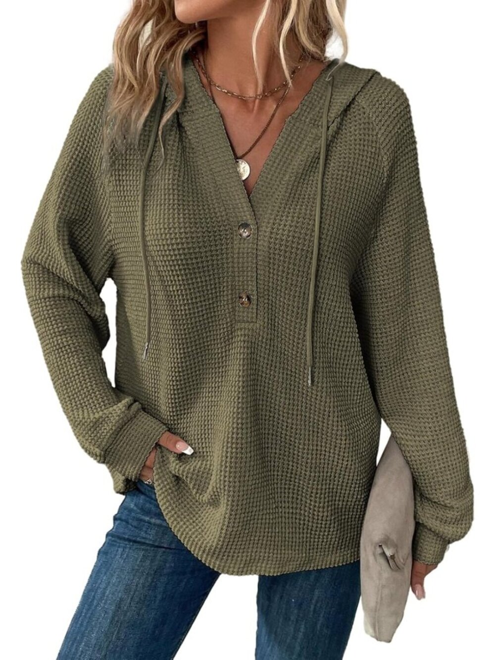 Cozy Waffle Knit Button V Neck Hoodie for Women | Casual Sweatshirt Top